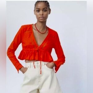 ZARA NEW Lace Panel Orange Cropped Long Sleeve Top